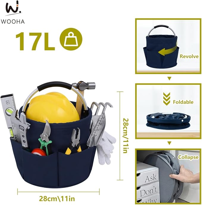 WOOHA Tool Organizers Bag 17L collapsible Tool Bag Laundry Organizer Outdoor Camping Garden Harvest Basket Foldable Sundry Organizer Basket (Navy Blue)