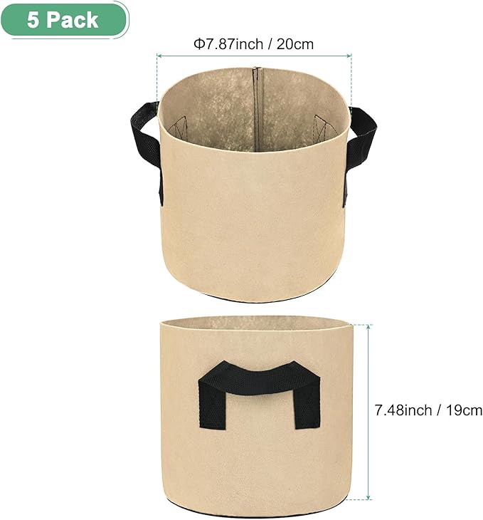 M METERXITY 5-Pack Plant Grow Bags 2 Gallon Grow Bags 300G Thickened Fabric Pots with Durable Handles Plant Garden Grow Pots for Fruits/Vegetables/Flowers/Plants [Khaki]