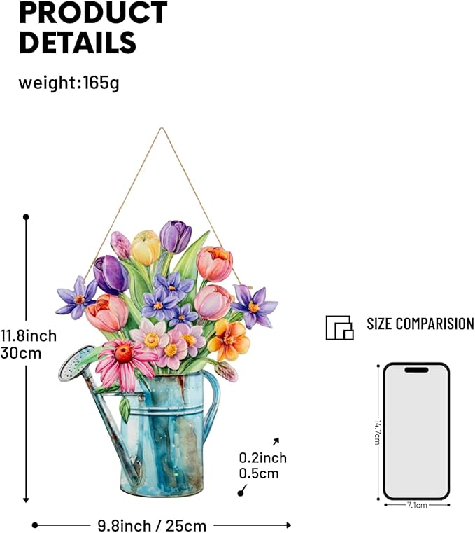 Quterhero Watering Can Flower Wall Decor, Metal Hanging Art for Indoor Outdoor Wall or Porch, Vintage Farmhouse Porch Decor Gift for Mom, Women, Friends (Tulip)