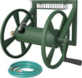 Triangle Wall Mounted Garden Hose Reel, Outdoor Heavy-Duty Water Hoses Holder Winder, Holds 125 Ft of 5/8-Inch Hose, with 3.9 ft Leader Hose, Brass Fitting, Storage Basket for Yard, Green