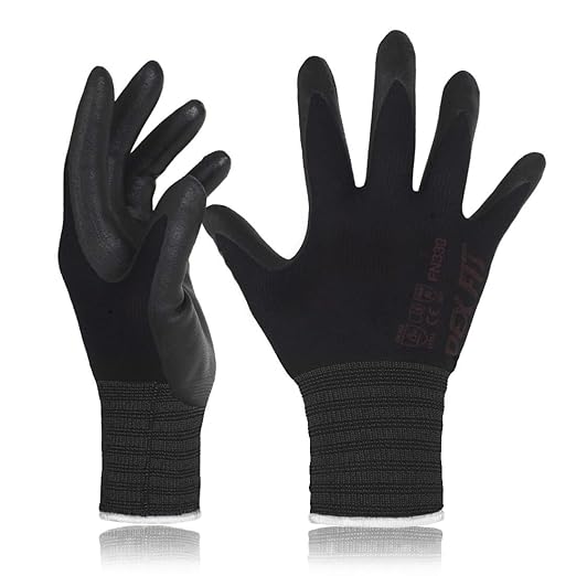 DEX FIT Nitrile Work Gloves FN330, 3D-Comfort Stretchy Fit, Firm Grip, Thin & Lightweight, Touch-Screen Compatible, Durable, Breathable & Cool, Machine Washable; Black S (7) 3 Pairs