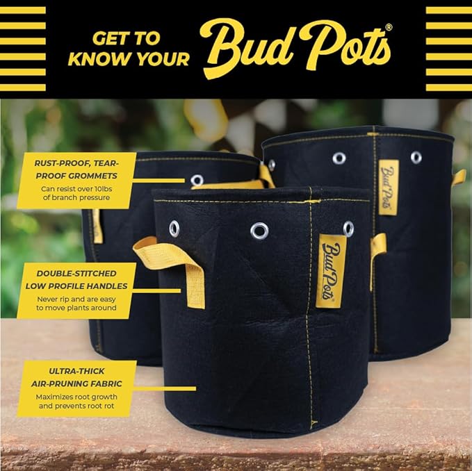 BudPots for Optimal Plant Growth | 10Ga Fabric Pots (37.8L) | 4-Pack | Metal Reinforced Rim - Sturdy & Never Collapses | Promotes Dense & Healthy Roots | Low Stress Training | Reusabe
