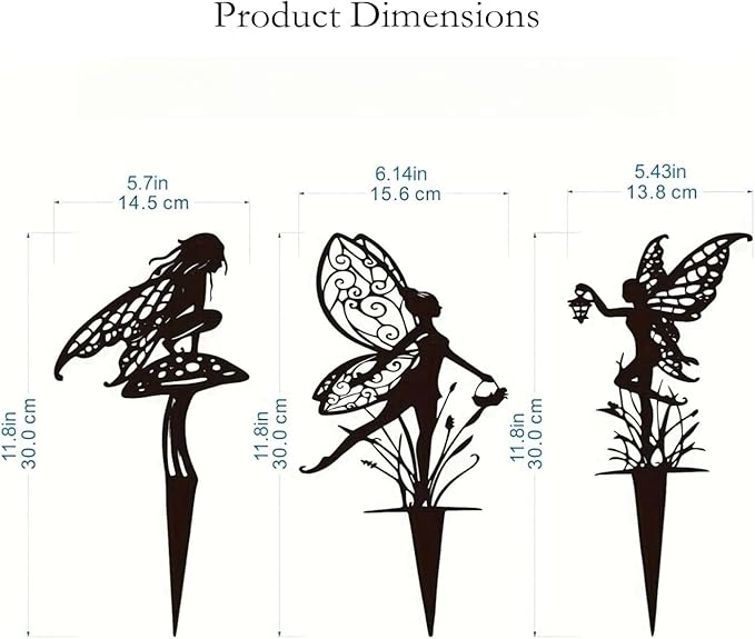 Decorative Garden Stakes，Fairy Garden Stakes Statues Metal Weather Resistant 3 Piece Outdoor Decorative Set Black (9 Pack A)