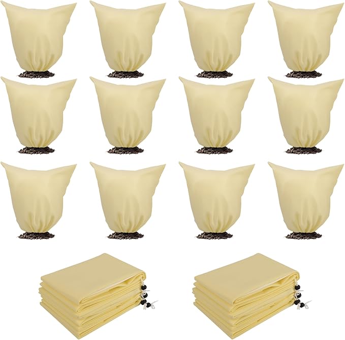 12 Pcs Plant Covers Freeze Protection, 2.82oz/yd² Heavy Duty Frost Cloths 19.6x39.3 Inch with Drawstring, Reusable Winter Shrub Cover for Outdoor Rose Bush, Potted Plants