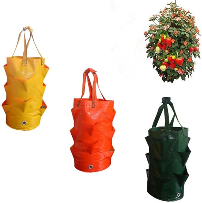 chislim Strawberry Planting Bags,2 Pack 3 Gallon Hanging Strawberry Planter with 8 Holes,Plant Growing Bags with Handle,Strawberry Planting Containers for Garden
