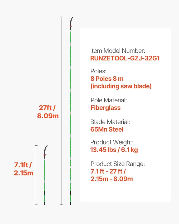 VEVOR Manual Pole Saw, 3.87-27 ft Extendable Pole Tree Pruner, Sharp 65Mn Steel Blade, Lightweight Fiberglass Handle Pole, Double-Hook Saw for High Branch Trimming, Pruning Tool for Palms, Shrubs