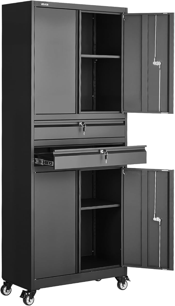 VEVOR Metal Storage Cabinet with Wheels, 180 lbs Shelf Load Capacity, 75" Tall Rolling Garage Tool Storage Cabinet with 4 Locking Doors and Adjustable Shelves, 2 Drawers, for Garage, Office, Home