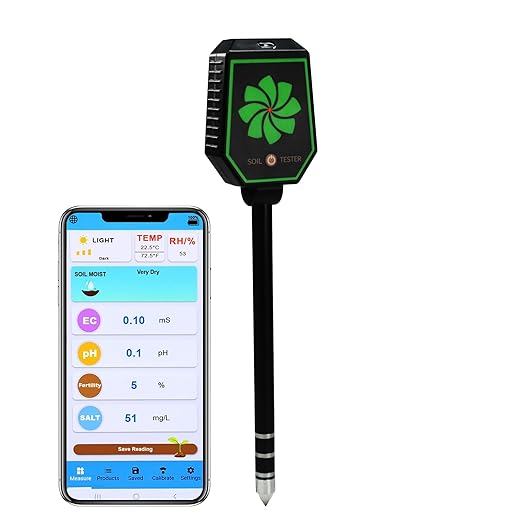 Soil Moisture Meter, 8-in-1 Bluetooth Soil Meter pH/EC/Fertility/Moisture/Salt/Light/Humidity/Temperature Monitoring with Data Logging and Calibration for Gardening, Farming, Indoor and Outdoor Plants