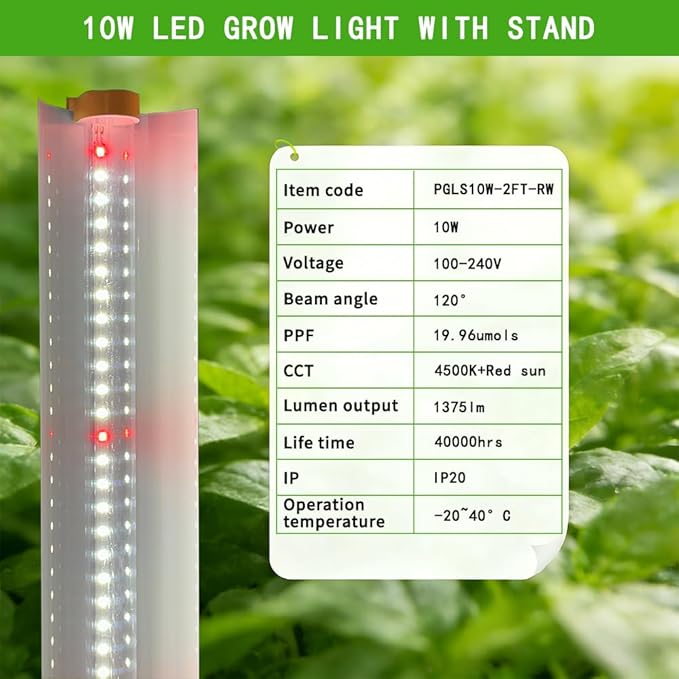 Grow Light Stand, 10W Grow Light kit for Indoor Plants, 2ft Plant Grow Rack, Full Spectrum, Enhanced red Light Good for Flowering, Height Adjustable, Iron Bracket, on and Off Switch