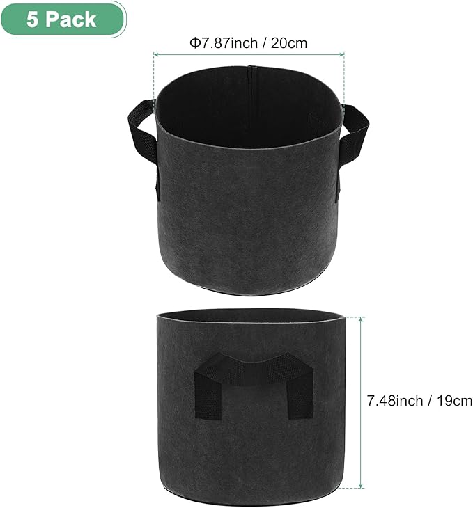 M METERXITY 5-Pack Plant Grow Bags 2 Gallon Grow Bags 300G Thickened Fabric Pots with Durable Handles Plant Garden Grow Pots for Fruits/Vegetables/Flowers/Plants [Black]