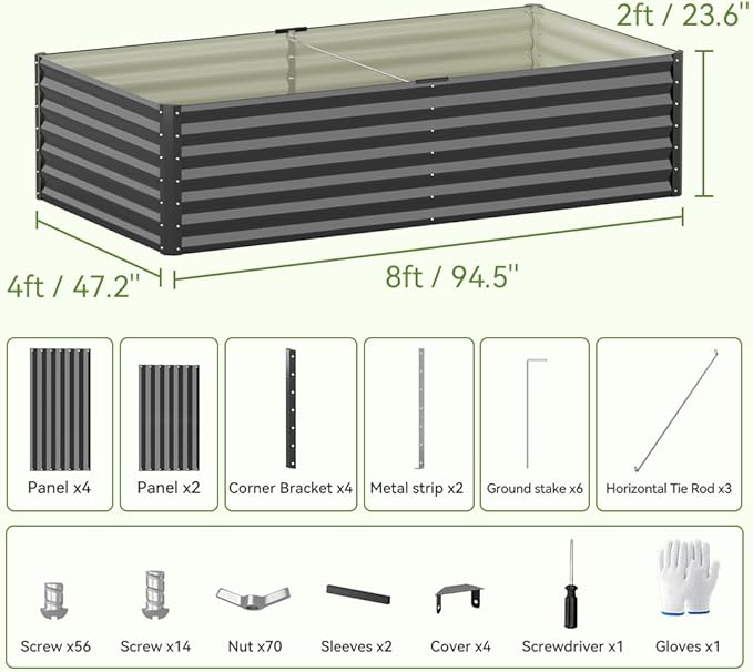 COMHOMA 2 Pack Raised Garden Bed 8x4x2ft,Galvanized Metal Planter Box Kit for Outdoor Gardening,Large Vegetable Flower Growing Beds with Gloves Tools,Black