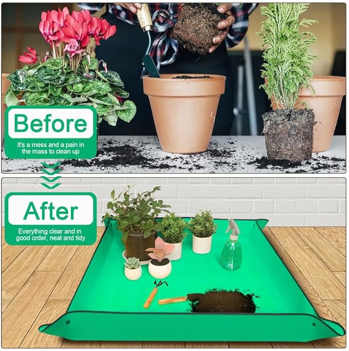 Emycool 26.8" x 26.8" Repotting Mat for Indoor Plants Transplanting Control Mess, Waterproof Potting Mat Portable Planting Potting Tray Gardening Gifts for Women and Plant Lovers, Green