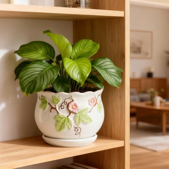 Vintage Flower Pots for Indoor Plant, Round Ceramic Plant Pots with Drainage Holes and Saucers, 6.7/5.2/3.9 Inches Retro Flower Planters Set of 3 (Morning Glory)