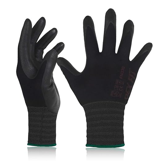 DEX FIT Nitrile Work Gloves FN330, 3D-Comfort Stretchy Fit, Firm Grip, Thin & Lightweight, Touch-Screen Compatible, Durable, Breathable & Cool, Machine Washable; Black M (8) 3 Pairs