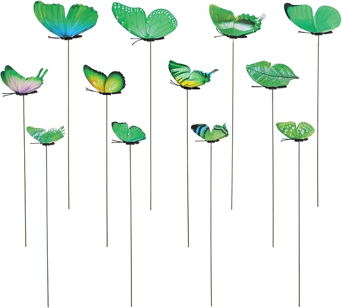 12pcs Decorative Butterfly Plant Stakes, 9.8in Lifelike Butterfly Garden Stakes PVC Waterproof Flower Pot Decorations for Garden Lawn Patio Indoor Outdoor Yard Planter Art Decor (Green)