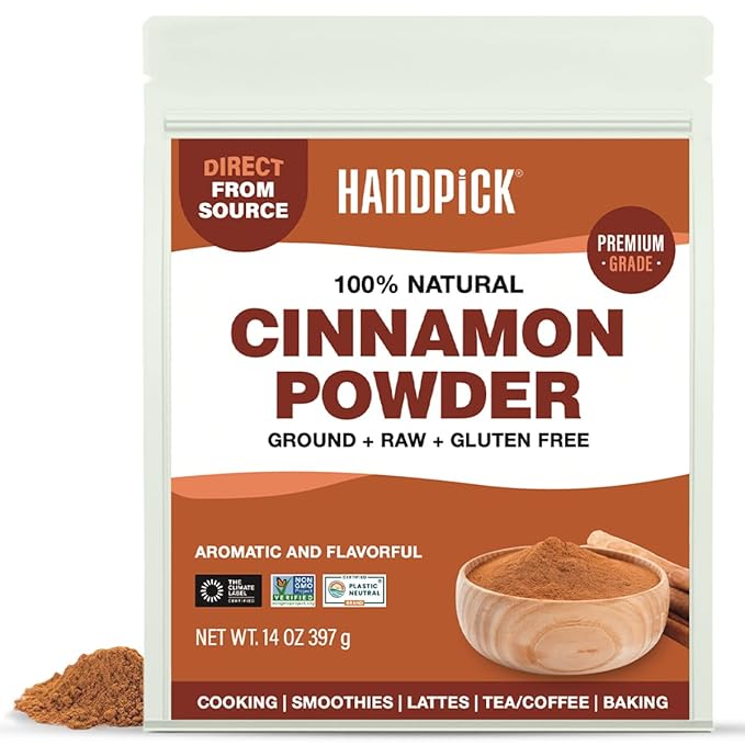 HANDPICK, Cinnamon Powder (397g/14oz) Non GMO, Gluten Free, 100% Raw, Sourced from South India, For Cooking, Smoothies, Lattes, Tea, Packed in Resealable Ziplock Pouch