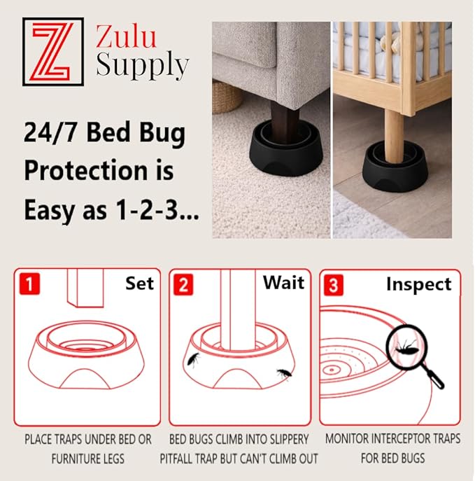 Bed Bug Interceptor Traps – Black 12-Pack Passive Monitor & Detection Trap – Universal Fit for Bed & Furniture Legs – Reusable Non-Climbable Wall Pest Control Protection (Black 12-Pack)