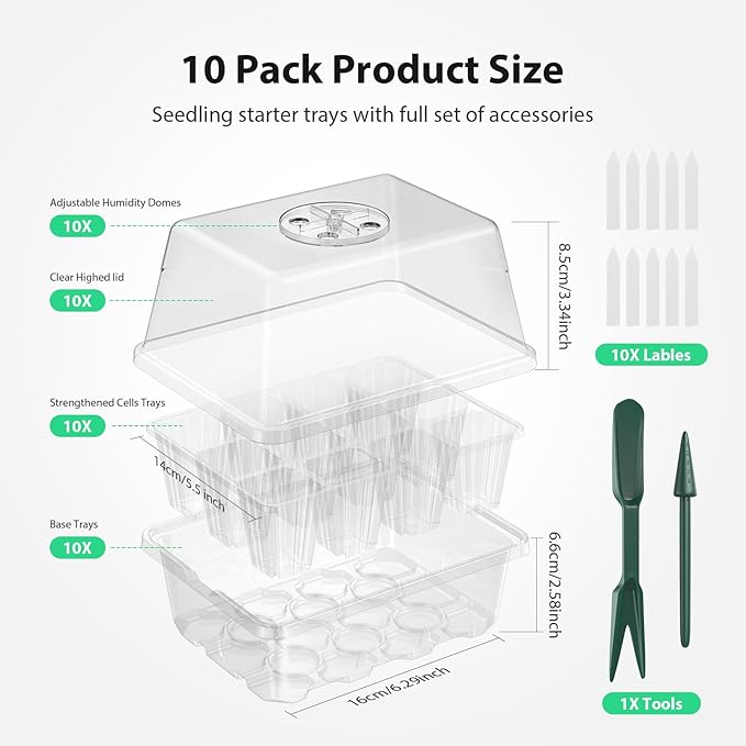 Seed Starter Tray, 10PCS Seed Starter Kit, Seedling Starter Trays with Heightened Lids for Seed Staring, Indoor Plant Germination Trays (12 Cells per Tray) Transparent