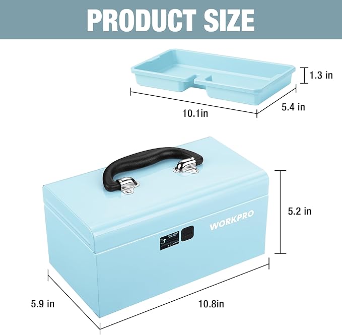 WORKPRO 10.8" Portable Mini Metal Tool Box with Removable Color-Matching Tray, One-Button Latch Toolbox, Steel Tool Chest with PP Handle, Compact Storage Organizer for Home, Office or Workshop