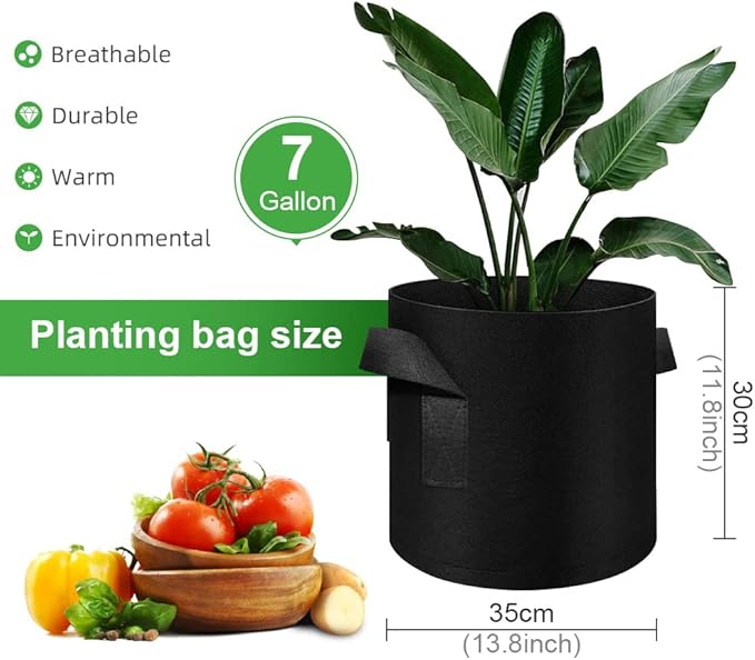5 Pack 7 Gallon Grow Bags, Heavy Duty Thickened Nonwoven Fabric Pots with Handles, Planter Grow Bags for Vegetables/Flower/Plant/Fruits, Black