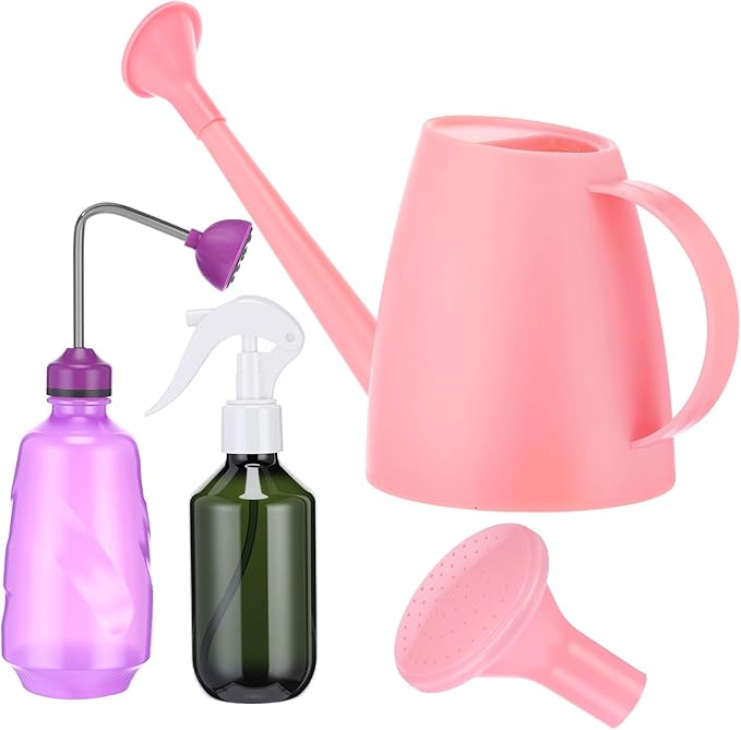 Reallnaive 6 Pcs Indoor Watering Can Set 1/2 Gallon Can 6.8 oz Spray Bottle 17 oz Squeeze Bottle Plant Watering Globes Soil Moisture Meter Small Spraying Sets for Indoor Outdoor (Pink)