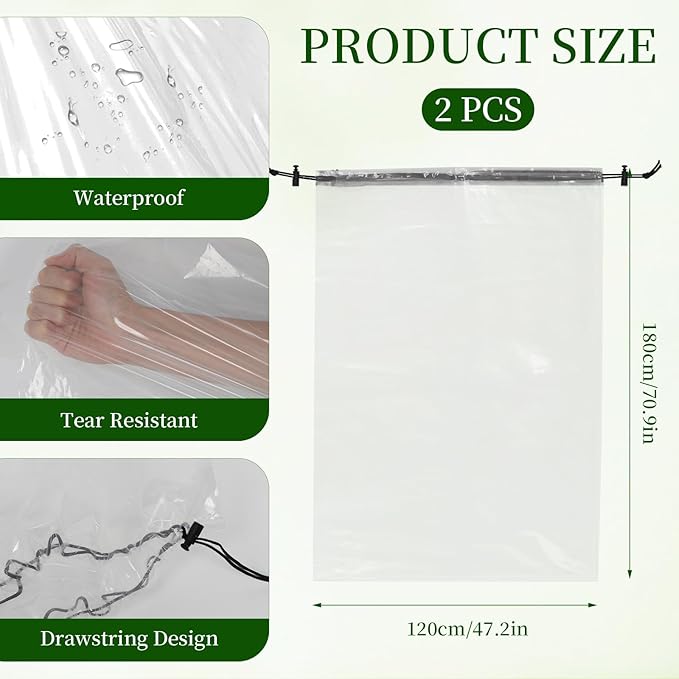 2 Pcs Winter Plant Covers Freeze Protection with Drawstring, 47"x71" Clear Plastic Film Shelter Bags, Waterproof Plant Frost Protection Covers for Outdoor Garden Shrubs Crops