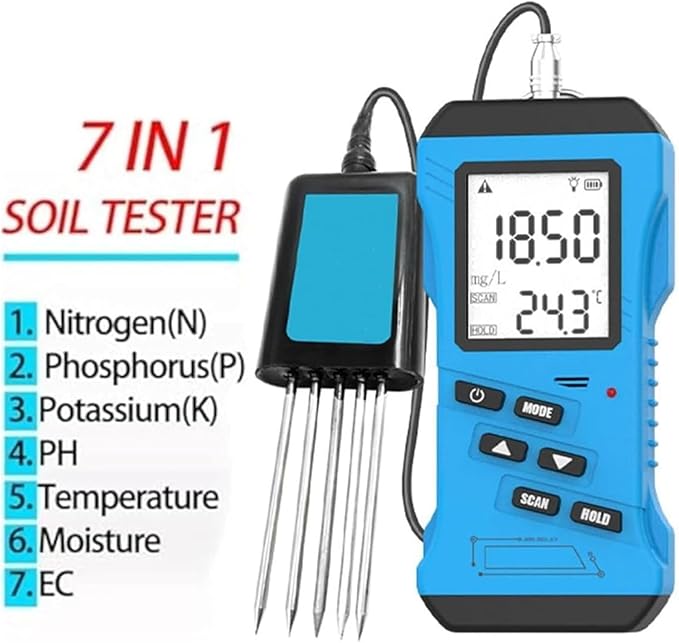 7 in 1 Soil Tester, Nitrogen, Phosphorus, Potassium NPK Tester, Fast EC, PH Tester, Soil Temperature and Humidity, Nutrient Conductivity, Intuitive Digital Display, for Fertility Test