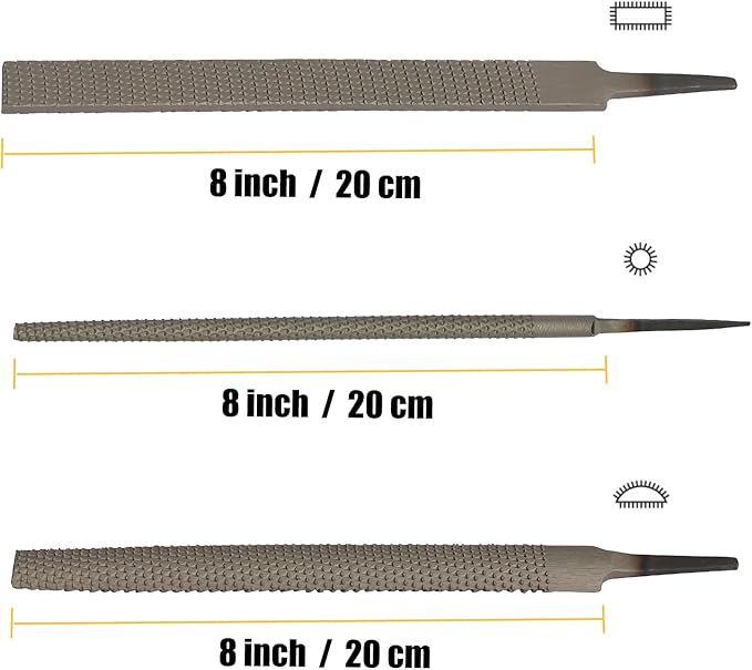 TARIST 3-Piece 8" Wood Rasp File Set, Includes Flat/Half-Round/Round. For Woodworking & Sharping Wood