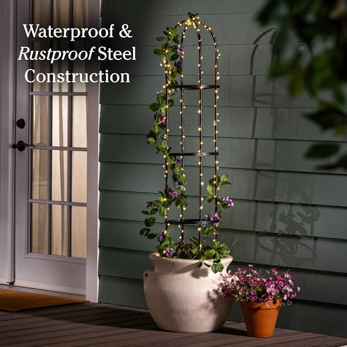 Evergreen Metal Garden Obelisk Trellis for Climbing Plants Outdoor, Indoor Plant Trellis for Potted Plants, Floral Pattern Arch Trellis (Black, 7 ft. Round)
