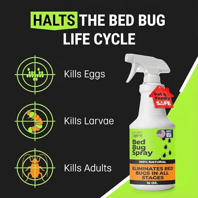 Nature's Dome Bed Bug Spray – 100% Kill Rate, 16 OZ Natural Bed Bug & Mite Killer, Destroys Eggs, Kills Resistant Strains, Long-Lasting Protection, Safe for Home Use