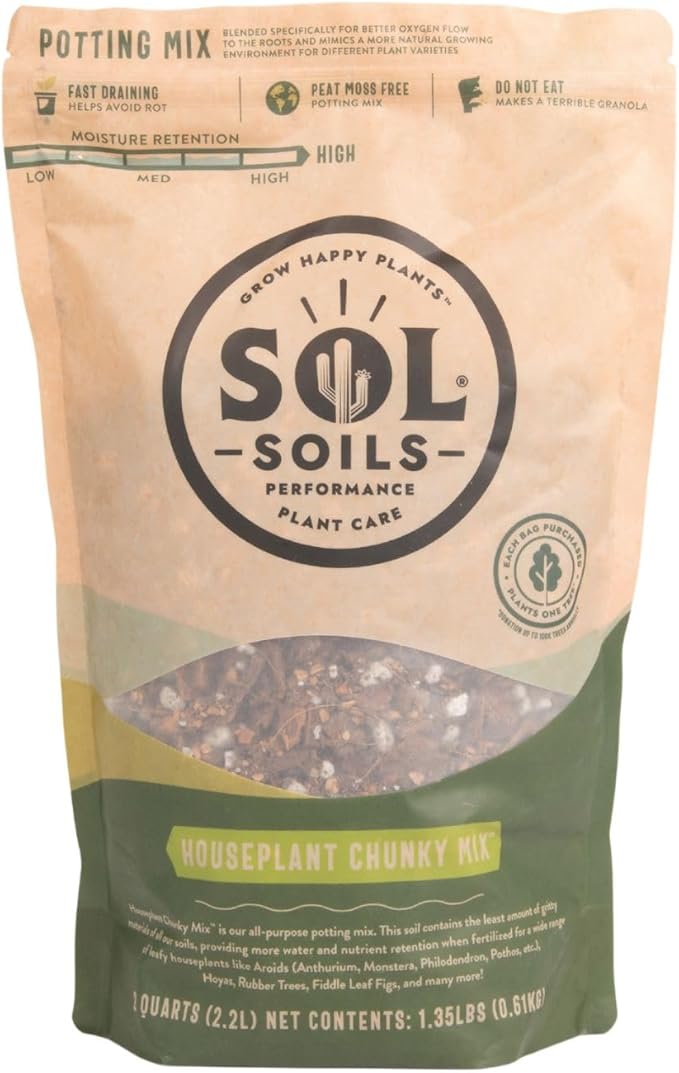 Sol Soils Chunky Houseplant Mix - Fast Draining Soil for Indoor Plants with Coco Coir Chips, Perlite, & Pumice, 2 Quart