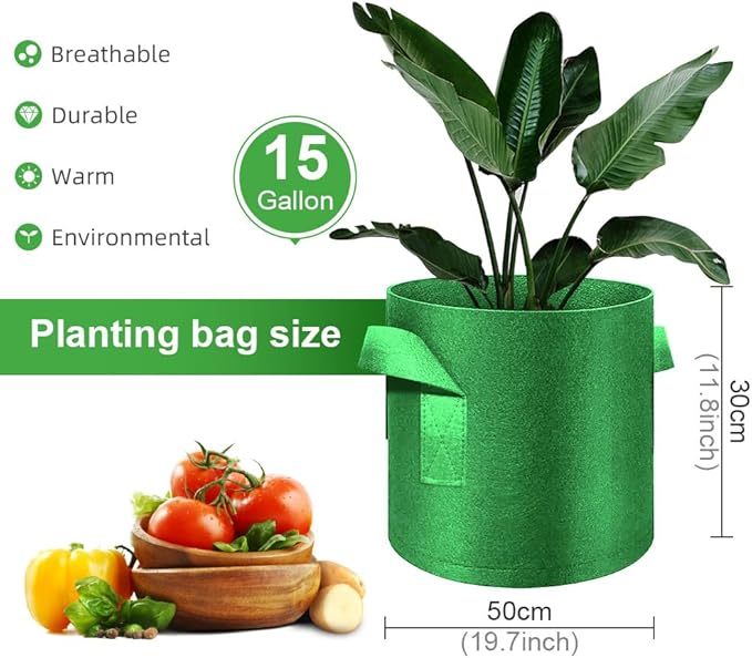 5-Pack 15 Gallon Grow Bags Heavy Duty Thickened Nonwoven Fabric Pots with Handles, Plant Grow Bags for Vegetables/Flower/Plant/Fruits, Green