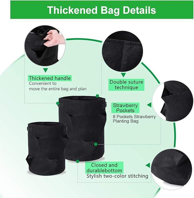 GOTGELIF 10 Gallon Strawberry Grow Bags 2-Pack, Thickened Nonwoven Grow Pots with 8 Pockets & Reinforced Handles for Strawberries, Tomatoes, Peppers, Herbs, Flowers