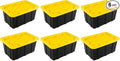 Sterilite 17 Gal Industrial Tote, Stackable Storage Bin with Snap-Fit Lid for Garage, Basement & Attic Storage, Black Base and Yellow Lily Lid, 6-Pack