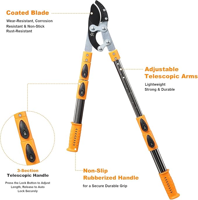 Loppers for tree trimming heavy duty extendable 24.8-43.7 inches,Tree pruning shears Rust Resistant Sharp Steel Blade Tree Limb Trimmer，Shock-Absorbing design, Non-slip Handle，Garden Tools
