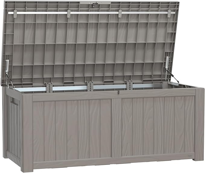 150 Gallon Deck Box,Resin Outdoor Storage Box with Lockable for Patio Furniture, Pool Accessories, Garden Tools Waterproof Outside Storage Box (Grey)