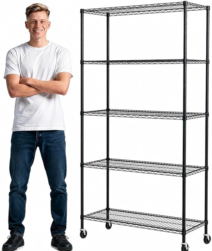 Simple Deluxe 5-Tier Heavy Duty Adjustable Shelf with Wheels, 23.23”W x 13.39”D x 59.45”H,Metal Storage Rack, Easy Tool-Free Assembly for Garage, Warehouse, Basement, Laundry, Black