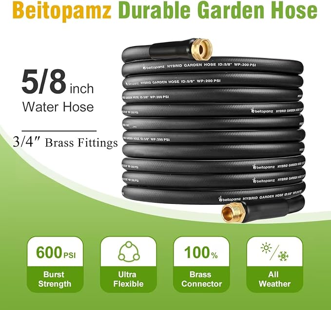 100 ft Garden Hose, 5/8 in Heavy Duty Water Hose, Flexible and Durable, Lightweight Rubber Hybrid Hose, Leak-Free Connections, Male to Female 3/4'' Brass Fittings for Patio, Lawn, Black