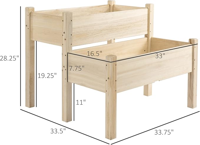 Outsunny 34"x34"x28" Raised Garden Bed, 2-Tier Elevated Wood Planter Box for Backyard, Patio to Grow Vegetables, Herbs, and Flowers, Natural