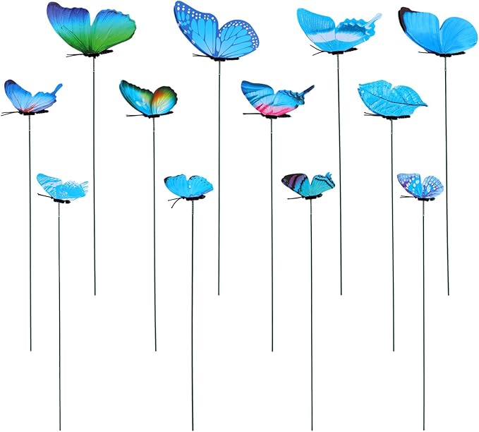 12pcs Decorative Butterfly Plant Stakes, 9.8in Lifelike Butterfly Garden Stakes PVC Waterproof Flower Pot Decorations for Garden Lawn Patio Indoor Outdoor Yard Planter Art Decor (Blue)