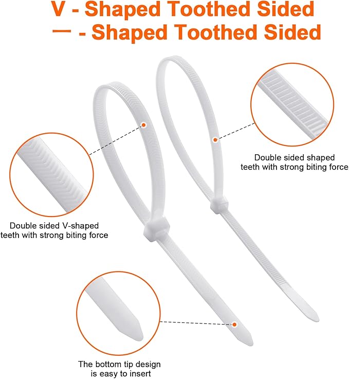12"─-shaped & V-shaped double-sided tooth zip ties white. ─: 100lbs, V: 200lbs tensile strength. Heavy-duty, self-locking, adjustable, durable nylon ties for indoor/outdoor use. (40V+60─)