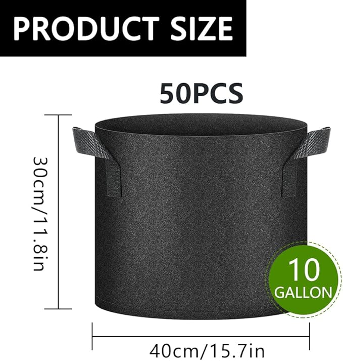 50 Pack Grow Bags, Black Heavy Duty Fabric Pots Nonwoven Potato Grow Bags with Sturdy Handles & Reinforced Stitching, Breathable Vegetable Flower Plant Growing Containers Bags (10 Gallon)