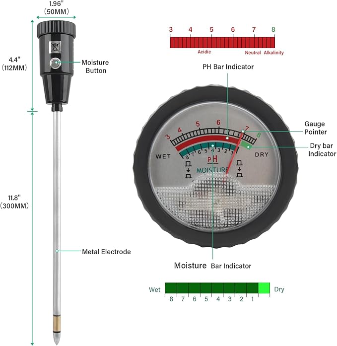 Soil pH Meter & Moisture Meter, 300mm Long Electrode, Soil Tester for Garden, Lawn, Farm, Indoor & Outdoor Use, No Battery Needed