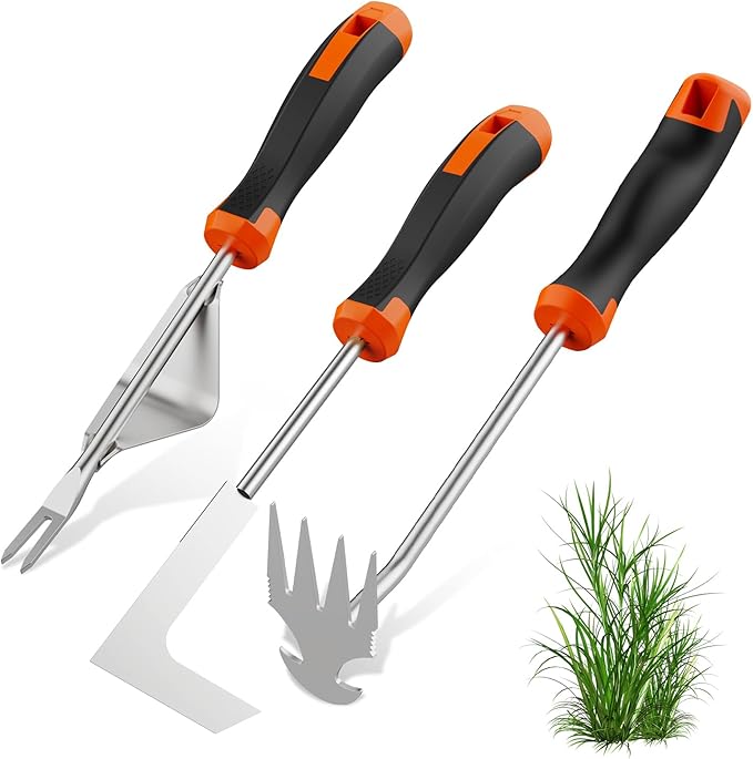 fishark Weed Puller Tool Set, 3 Pack Manual Weed Puller with Ergonomic Handle, Stainless Steel Crack Weeder and Uprooting Tool for Garden, Patio, Lawn, Driveway and Paving Stones