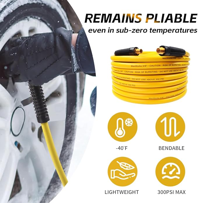 MaxWorks 80789 Lightweight All Weather No-Memory Non-Kinking 300 PSI Maximum Hybrid Polymer Air Hose, 3/8" x 100' , Yellow