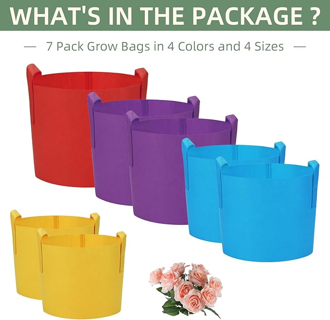 LITLANDSTAR 7 Pack Multicolor Grow Bags, Thickened Nonwoven Plant Fabric Pots with 4 Colors and 4 Sizes - 5/7/10/15 Gallon Aeration Planting Bags for Potato Tomato Carrot Strawberry