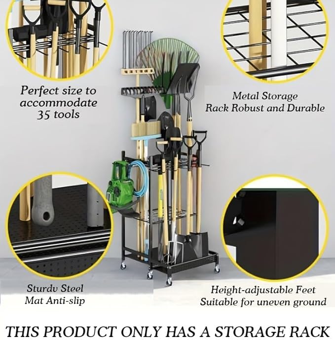 Garden Yard Tool Stand Tower Racks With Wheels, Heavy Duty Garage Storage for,Broom Holder, UP to 35 Tools