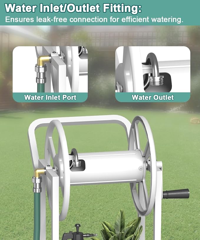 Garden Hoses Reel Cart with Wheels, Outdoor Heavy Duty Powder Coated Steel Water Winder Storage Holds 125 ft 5/8" Hose with 3.9ft Leader Hose and Basket for Backyard, Yard, Lawn, White