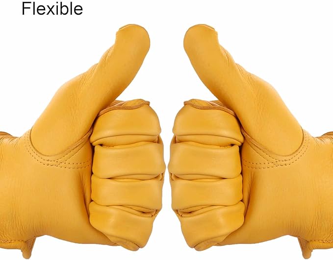 OZERO Leather Work Gloves: Mens Deerskin Gloves Soft Breathable Abrasion Resistant Gardening Firewood Glove - for Driving Riding Yardwork Ranch Farm Hunting Garage DIY for Men & Women (Gold,S)