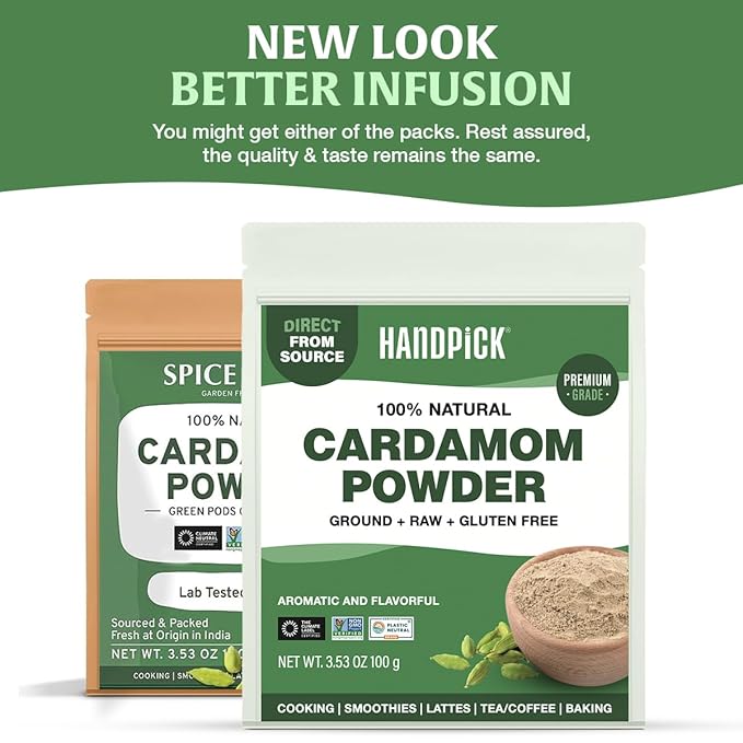 HANDPICK Cardamom Powder (100g/3.53oz) Gluten Free, Raw Ground Elaichi for Cooking, Smoothies, Lattes, Masala Tea, Packed in Resealable Zip Lock Pouch